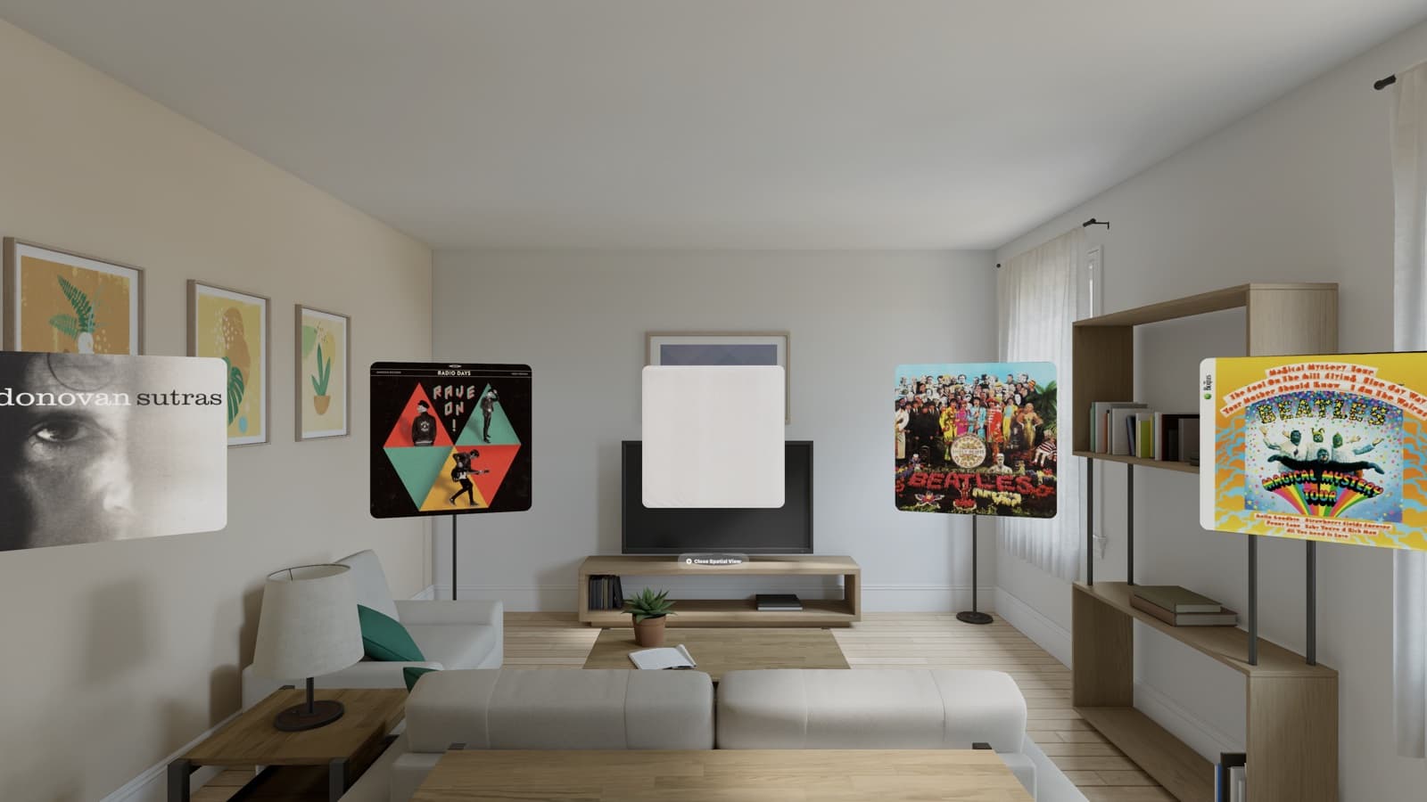 Album covers standing on slim plinths in an arc across a living room, seen through Apple Vision Pro.